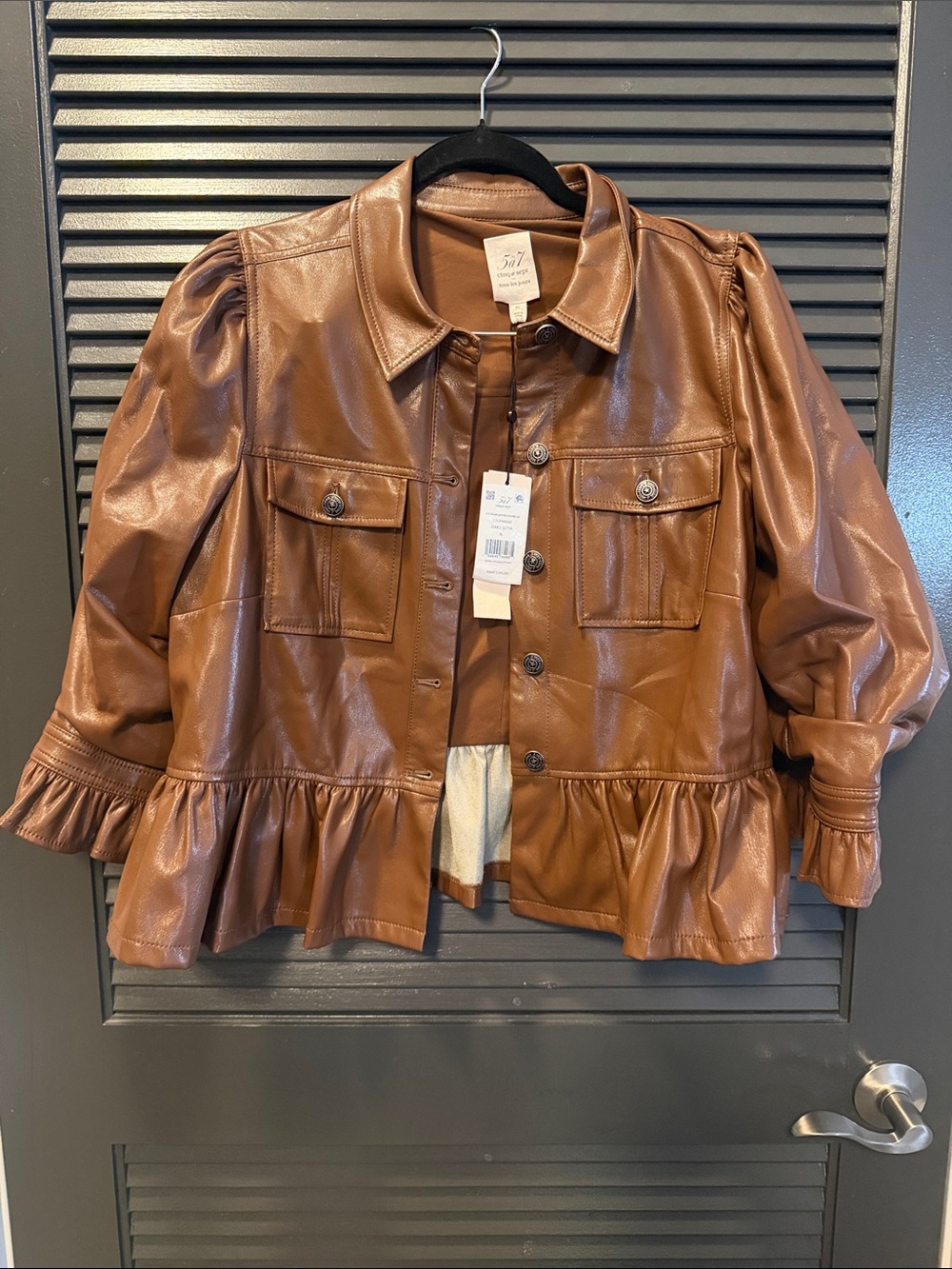 cinq a sept Brown Faux Leather Peplum Jacket